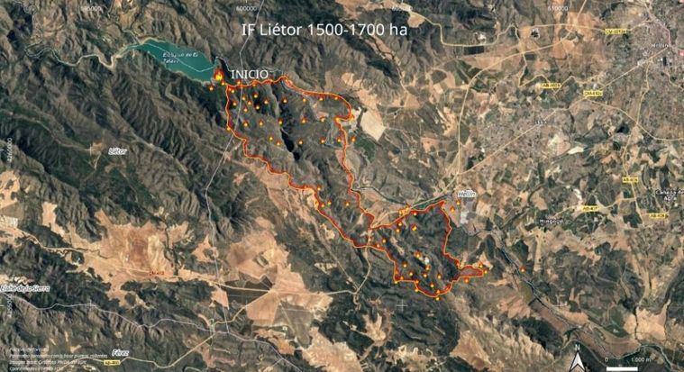 Foto: Mapa de la zona afectada aproximada por el incendio hasta ahora. Lietor/Hellín/Pantano Talave