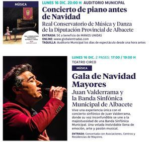 Albacete continúa su Navidad con una jornada solidaria y musical: Concierto benéfico del Real Conservatorio y Gala de Mayores con Juan Valderrama y la Banda Sinfónica