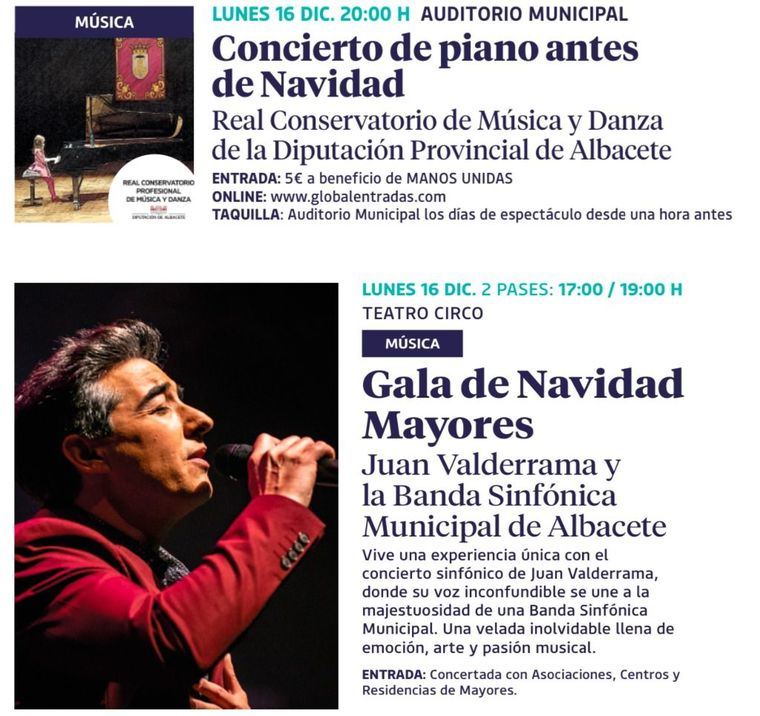 Albacete continúa su Navidad con una jornada solidaria y musical: Concierto benéfico del Real Conservatorio y Gala de Mayores con Juan Valderrama y la Banda Sinfónica