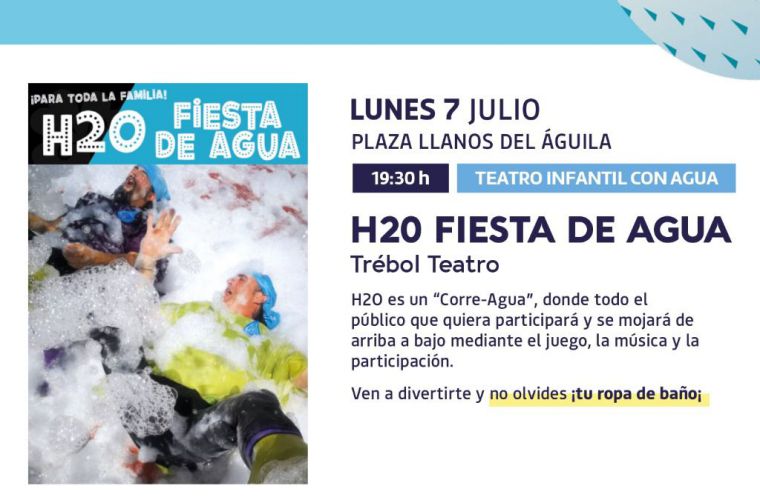 El Verano Cultural 2025 ofrece hoy ‘H2O Fiesta de Agua’ en la Plaza de Los Llanos del Águila: Una jornada refrescante con teatro, juegos, diversión y mucha agua