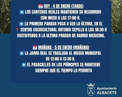 El recorrido de los Carteros Reales de los Reyes se modifica en Albacete ante la previsión de lluvia