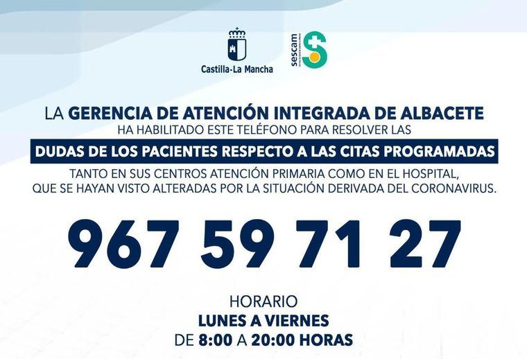 El SESCAM habilita teléfonos de información en las diferentes Gerencias de Área para resolver las dudas de los pacientes sobre sus citas sanitarias