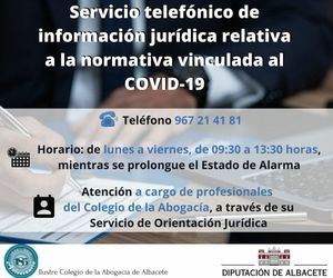 La Diputación y el Colegio de la Abogacía de Albacete ponen a disposición de la ciudadanía un servicio de orientación telefónica en materia jurídica sobre la pandemia