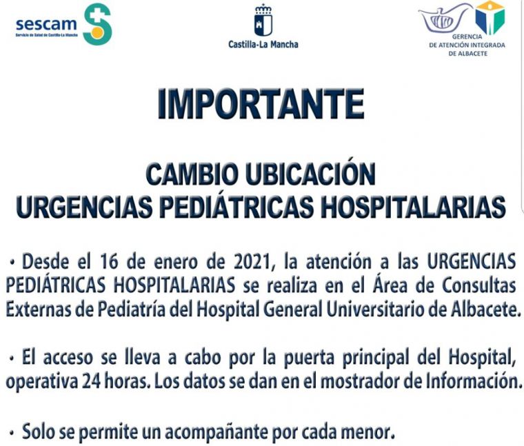 La Gerencia de Atención Integrada de Albacete traslada la atención de las urgencias pediátricas hospitalarias al área de consultas del Hospital General