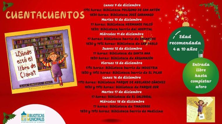 El Ayuntamiento llevará a cabo cuentacuentos con motivo de la Navidad en quince bibliotecas de los barrios y pedanías