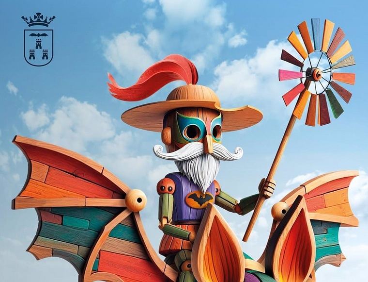 El carnaval llega 'volando' a Albacete con un Quijote montado en el escudo de la ciudad, obra de Juan Diego Ingelmo
